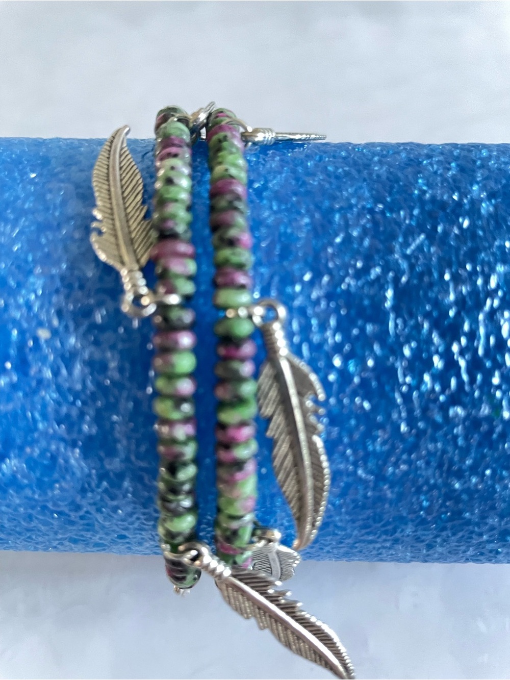 Handmade Green & Pink Beaded Feather Charm Bracelet - Women Jewelry